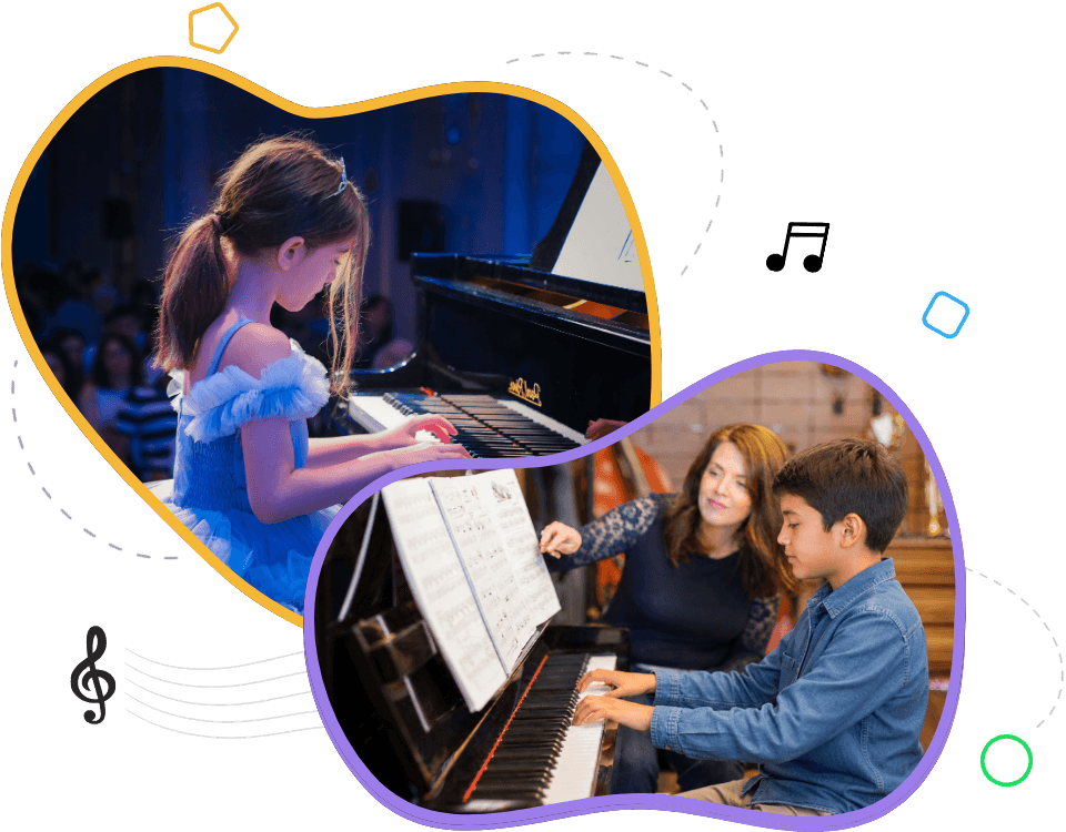 Children learning and performing piano
